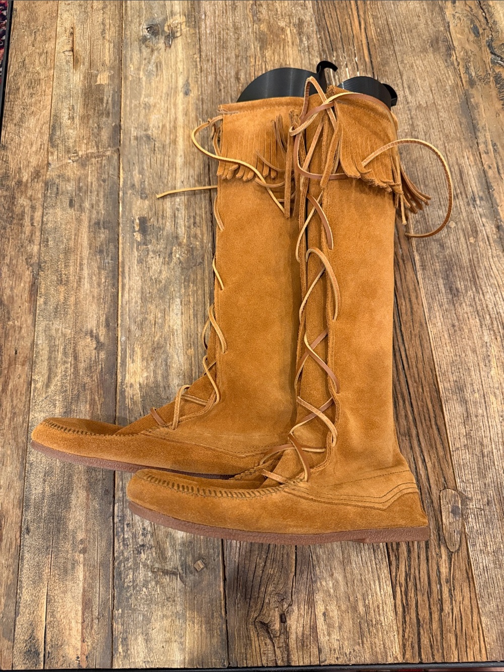 Minnetonka Tall Fringe Lace-Up Suede Boots - Chestnut - Picture 3 of 7